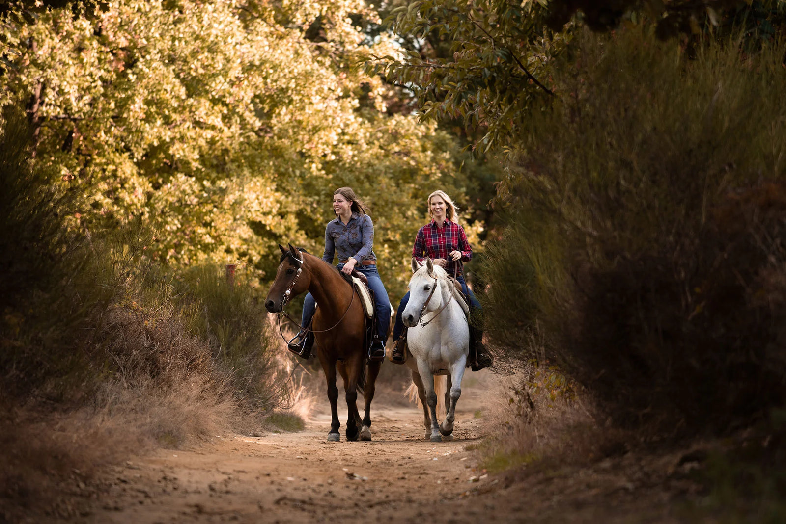 Two women riding horses through a trail