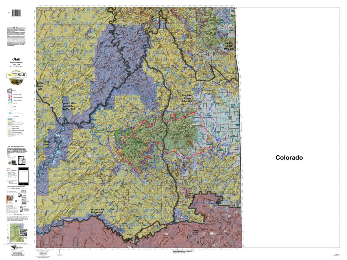 San Juan, Abajo Mtns. Utah Mule Deer Hunting Unit Map with Land