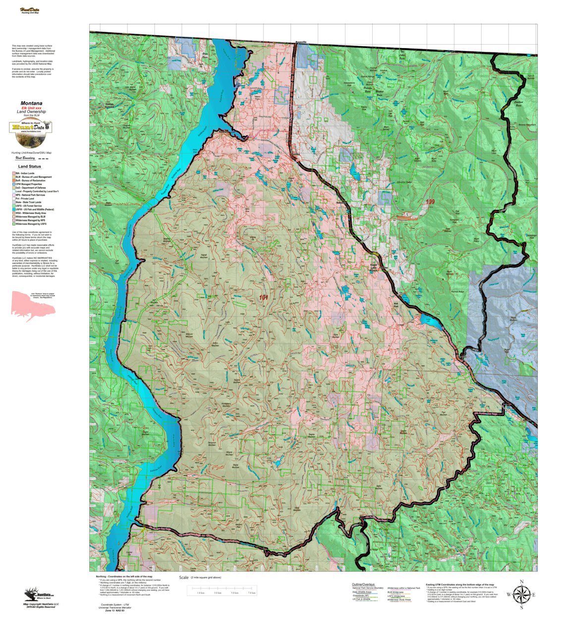 Montana Elk Hunting District 101 Land Ownerhip Map By Montana HuntData ...