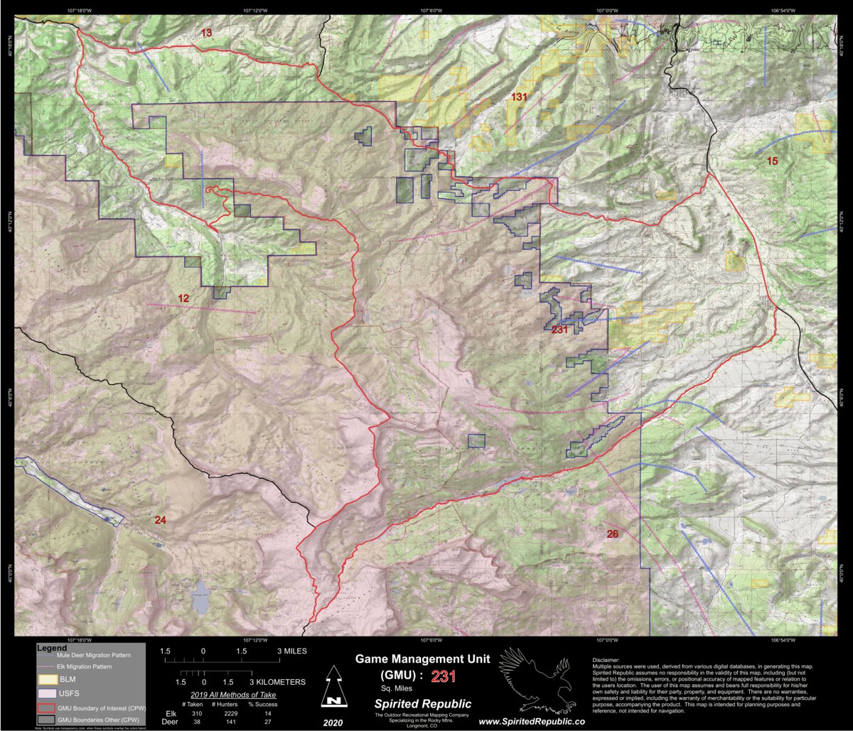 2020 Colorado Big Game Elk/Deer Topo Hunt Public Lands GMU 231 Map by