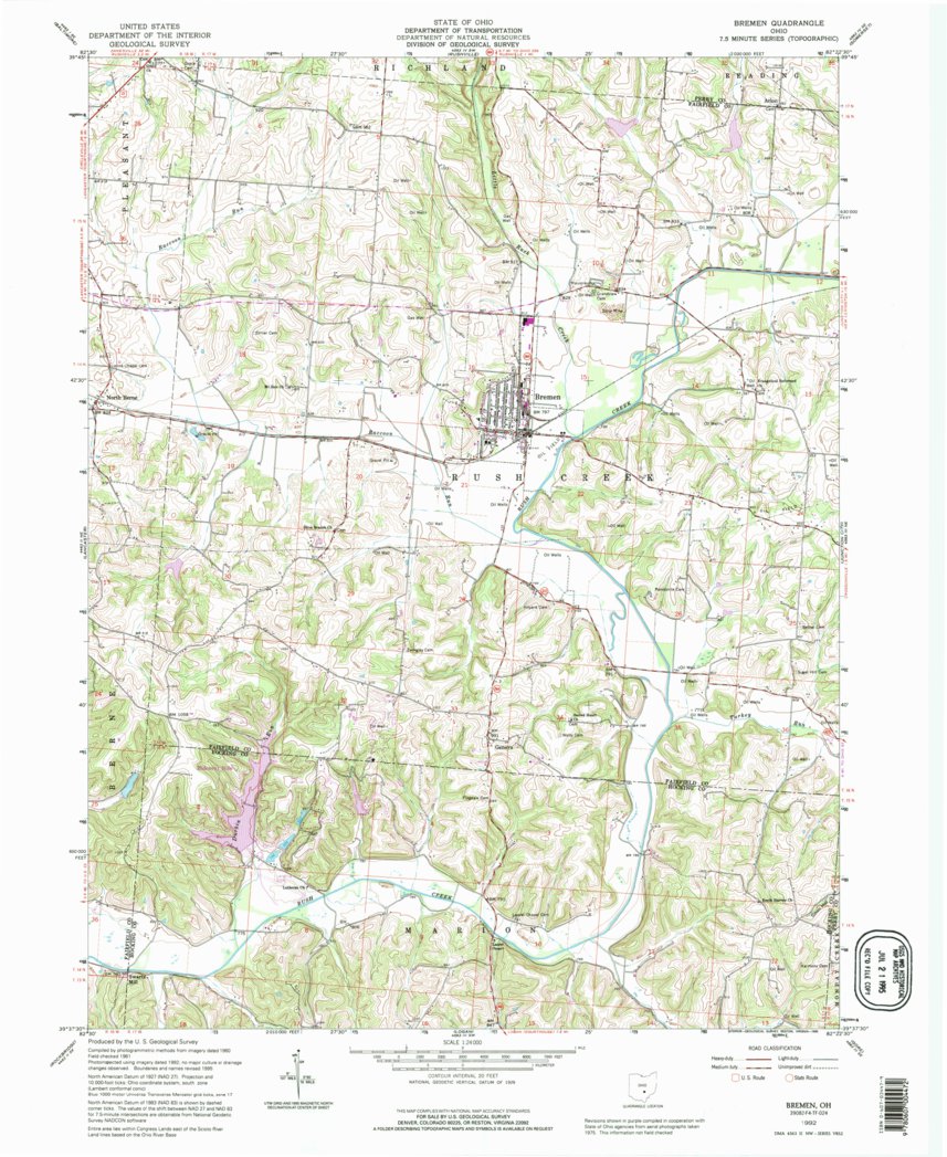 Bremen, OH (1992, 24000Scale) Map by United States Geological Survey