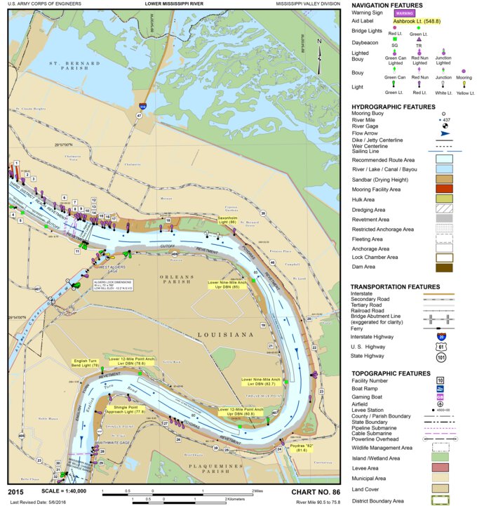 Lower Mississippi Chart 86 River Mile 90.5 to 75.8 Map by US Army