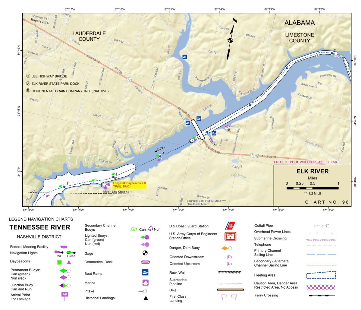 Tennessee River Chart 98 Elk River Map by US Army Corps of Engineers