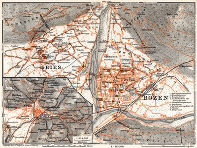 Waldin Bolzano (Bozen) and Gries, vicinities towns map, 1911 digital map