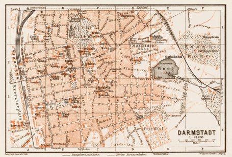 Darmstadt city Map, 1909 by Waldin Avenza Maps