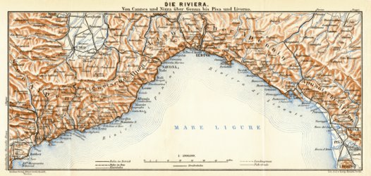 French Riviera and Italian Riviera Map, 1929 by Waldin