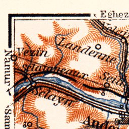 Waldin Meuse River course map from Liége to Namur, 1904 digital map