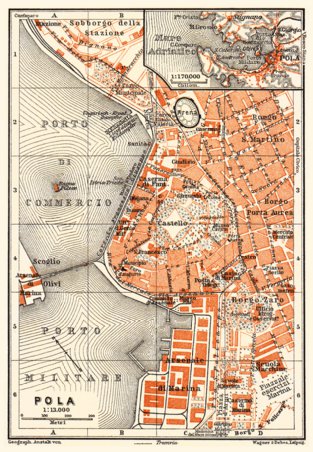 Waldin Pola (Pula) town plan and environs map, 1911 digital map