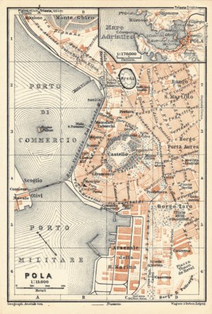 Waldin Pola (Pula) town plan and environs map, 1929 digital map