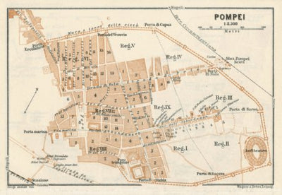 Waldin Pompei (Pompeii) general plan with typical street level inset plan, 1929 digital map