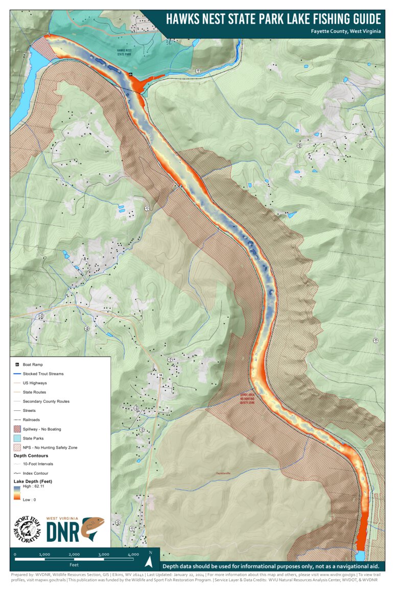Hawks Nest Lake Fishing Guide (Large) Map by WV Division of Natural