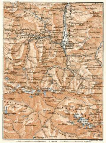 Mont Maudit and town of Bagnères-de-Luchon environs map, 1902