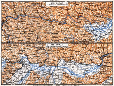 Danube River course map from Passau to Ottensheim, 1911
