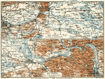 Danube River course map from Raab (Győr) to Budapest, 1929