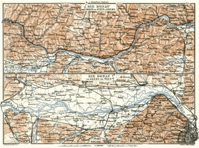 Danube River course map from Grein to Stein & Krems, 1910