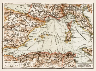 Map of the mediterranean marine routes between Marseille and Algiers, 1913 (second version)