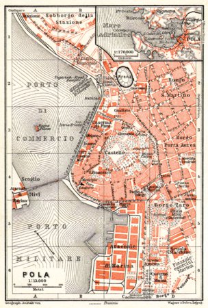Pola (Pula) town plan and environs map, 1913