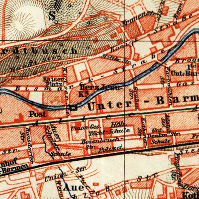 Barmen and Elberfeld (Wuppertal) city map, about 1900