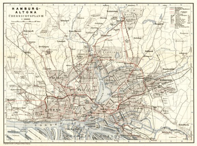 Hamburg and Altona, city map with tram and local railway networks, 1911