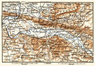 Weser river course map from Minden to Hameln, 1887