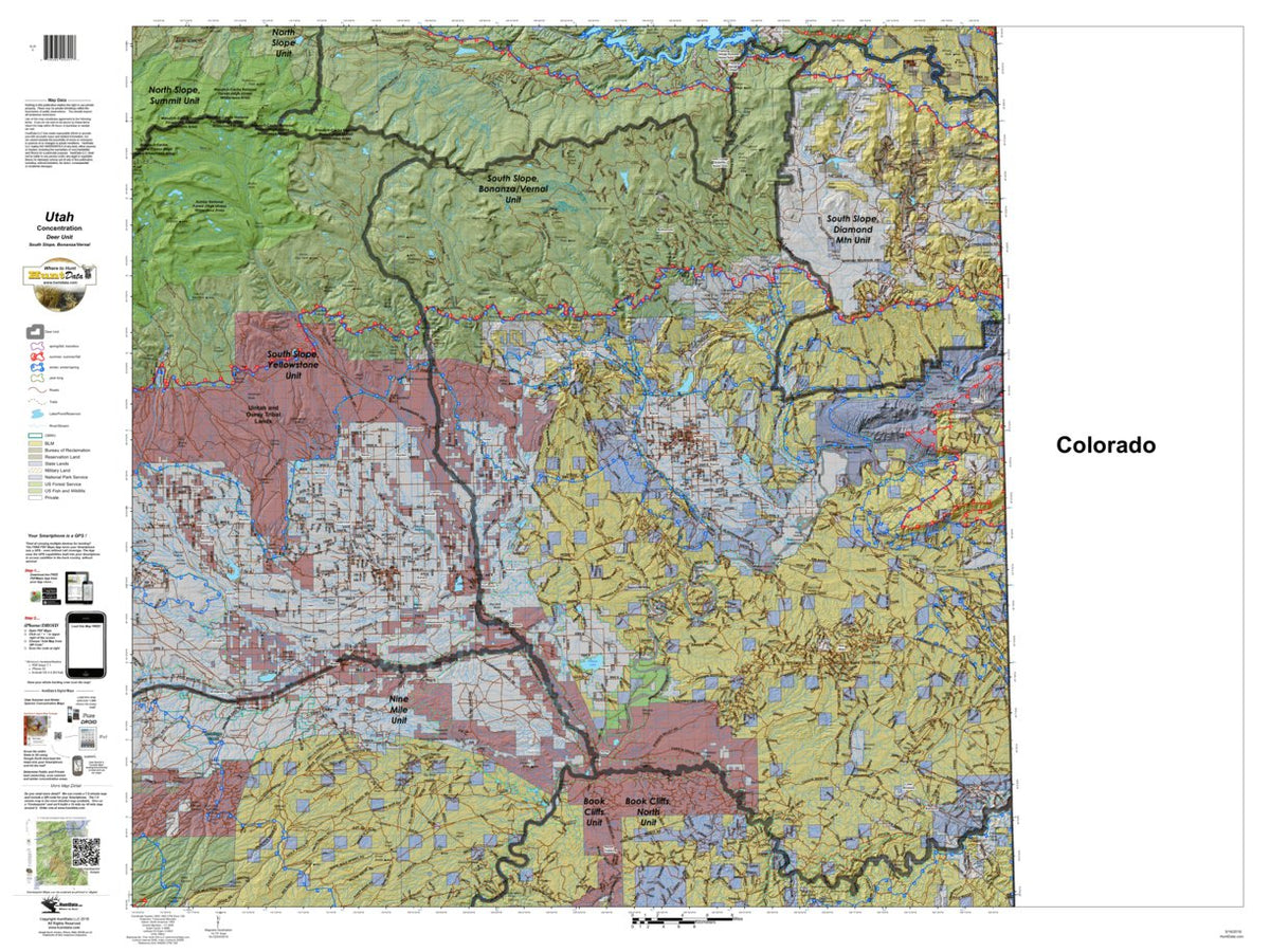South Slope, Bonanza Vernal Utah Mule Deer Hunting Unit Map with Land