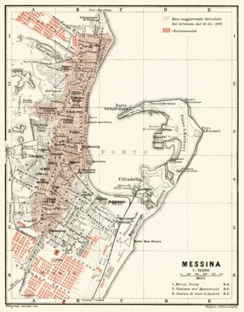 Messina city map, 1912. With display of districts suffered from earthquake on 21.12.1908