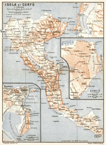 Corfu Isle map, 1912. With town plan of Corfu (Kerkyra)