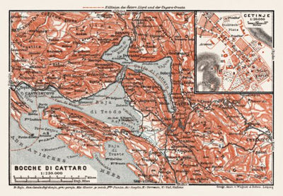 Map of the Gulf of Kotor (Boka Kotorska) and Cetinje town plan, 1913 (1:250,000 scale)