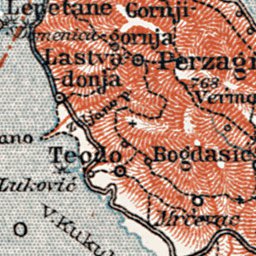 Map of the Gulf of Kotor (Boka Kotorska) and Cetinje town plan, 1913 (1:250,000 scale)
