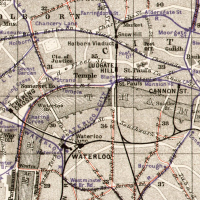 London, city map with tram and tube network, 1909