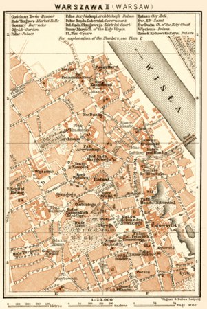 Warsaw (Варшава, Warschau, Warszawa) city centre map, 1914