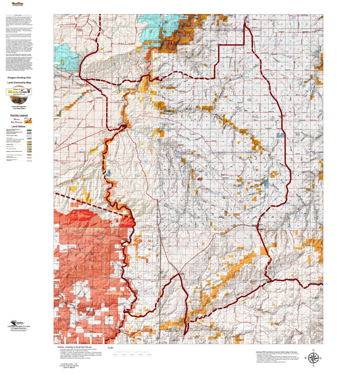 Oregon Hunting Unit 40 North, Maupin Land Ownership Map by HuntData LLC