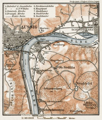 Waldin Aussig (Ústí nad Labem) and environs map, 1910 digital map