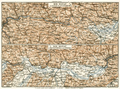 Waldin Danube River course map from Passau to Ottensheim, 1910 digital map