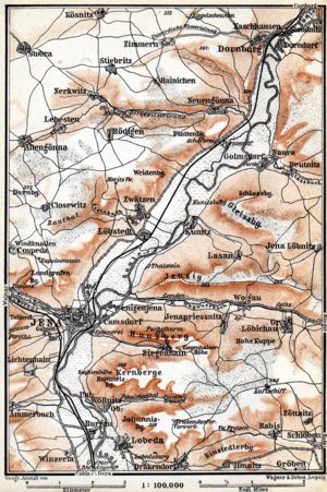 Waldin Jena and the River Saale Valley environs map, 1887 digital map