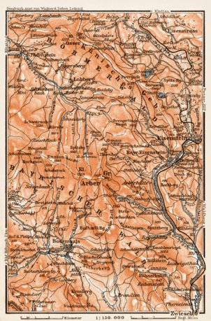 Waldin Map of the Bavarian Forest (Bayerischer Wald), western region, 1909 digital map