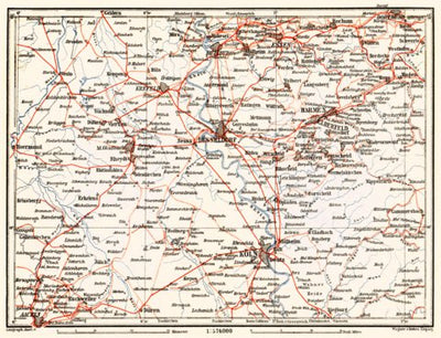 Waldin Railway map of Lower Rhine geographic area (Rhine-Ruhr bassin), 1905 digital map