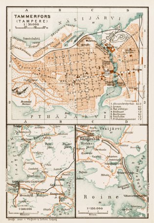 Waldin Tampere (Tammerfors) town plan, 1929. Environs of Tampere (near Kangasala) digital map