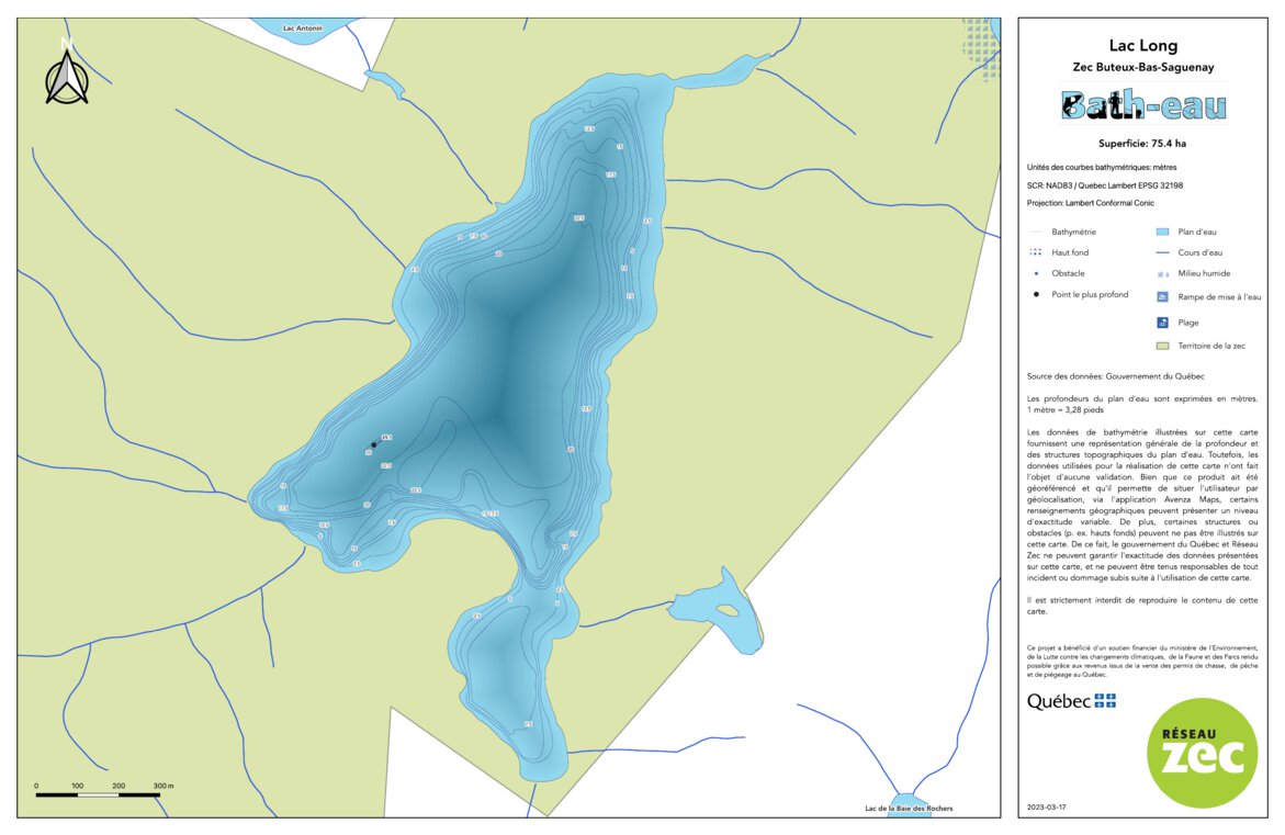 Carte bathymétrique du lac Long de la zec ButeuxBasSaguenay (2023
