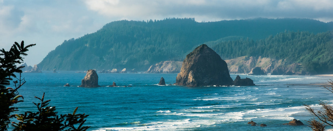 View of sea and mountains in Cannon Beach, Oregon