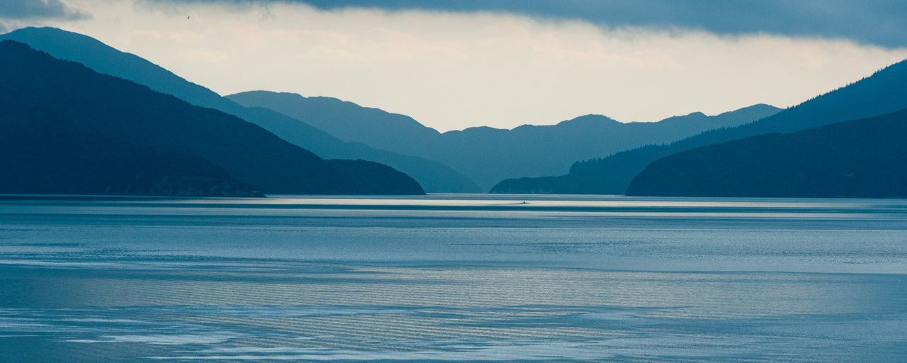 View of sea and mountains in Queen Charlotte Sound