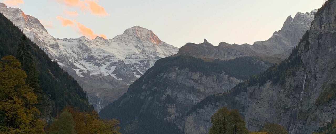 View of mountains in the village of Lauterbrunnen 