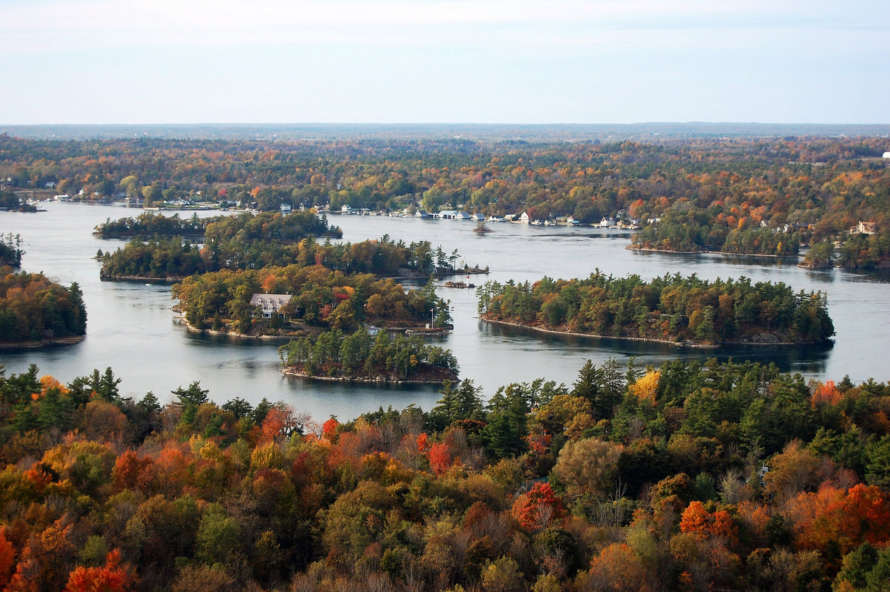 Aerian view of Thousand Islands in fall