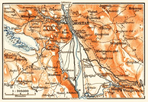 Mostar environs Map, 1911 by Waldin | Avenza Maps
