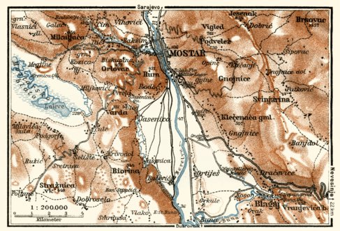 Mostar nearer environs Map, 1929 by Waldin | Avenza Maps