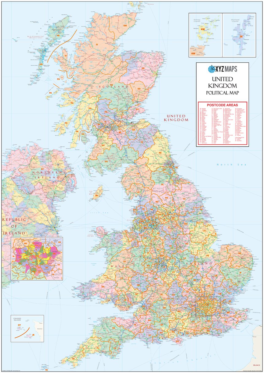 XYZ UK Postcode Area Political Map - (AR2) by XYZ Maps | Avenza Maps