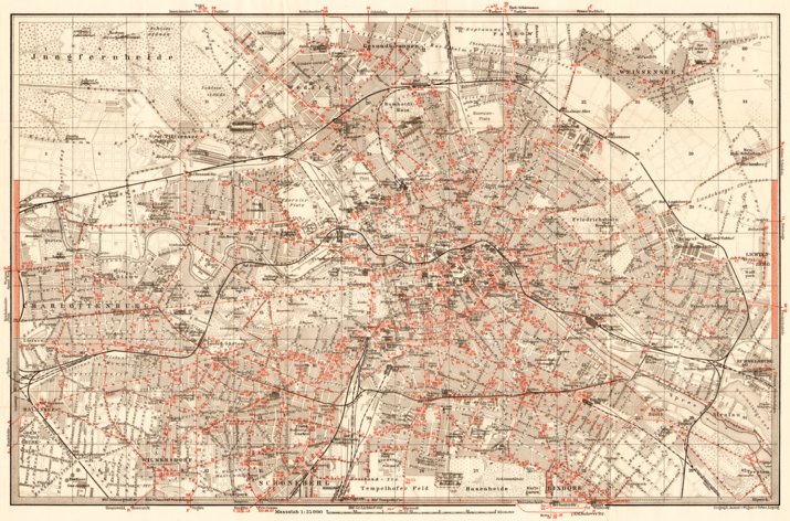 Berlin, city Map with tramway and S-Bahn networks, 1910 by Waldin