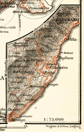 Lago di Garda shore from Messaga to Gargnano, 1913 Map by Waldin