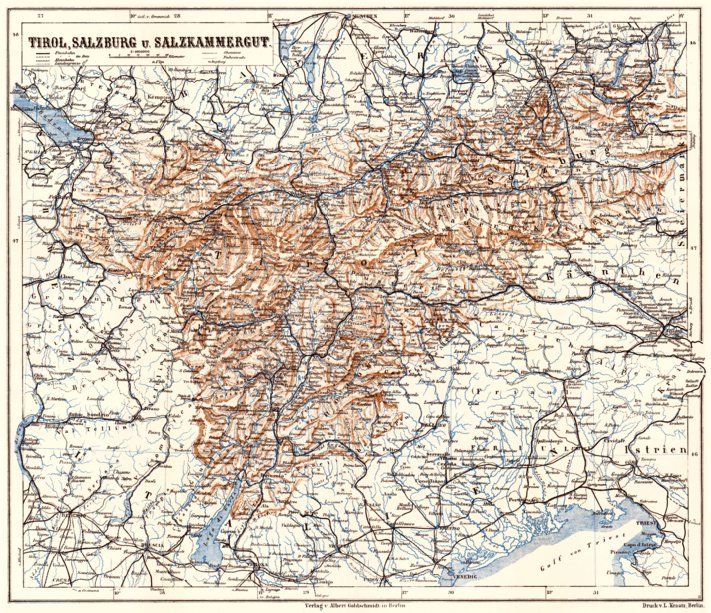 Tyrol (Tirol), Salzburg and Salzkammergut Map, 1911 by Waldin | Avenza Maps