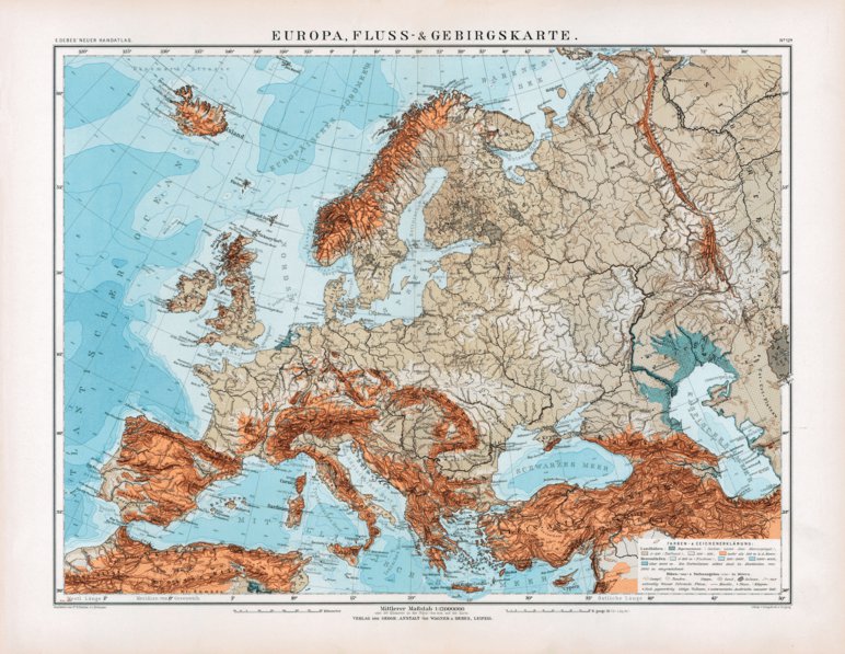 Physical Map of Europe, 1905 by Waldin